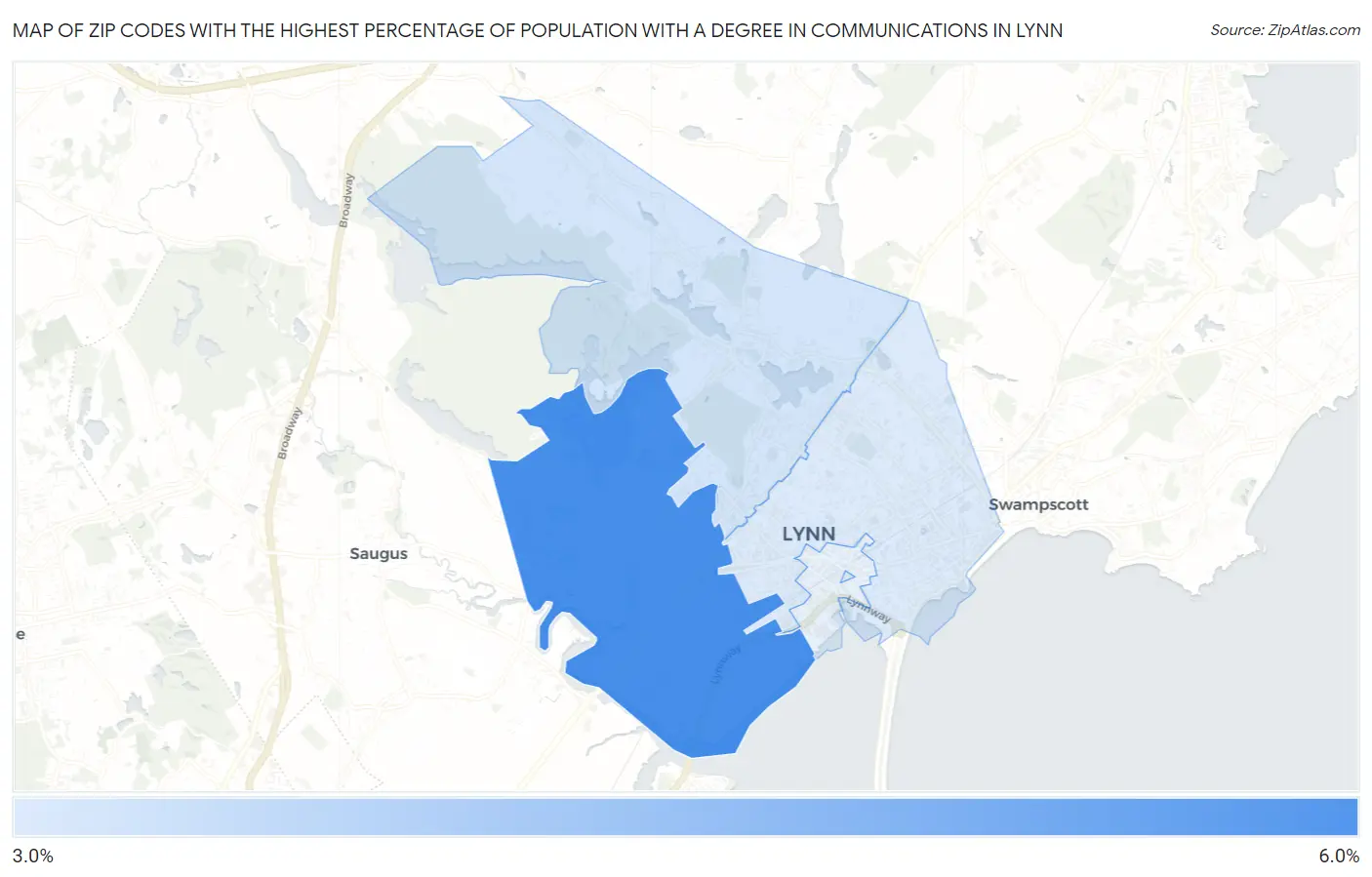Zip Codes with the Highest Percentage of Population with a Degree in Communications in Lynn Map