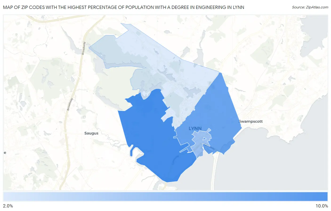 Zip Codes with the Highest Percentage of Population with a Degree in Engineering in Lynn Map