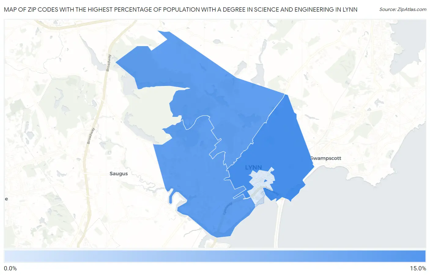 Zip Codes with the Highest Percentage of Population with a Degree in Science and Engineering in Lynn Map