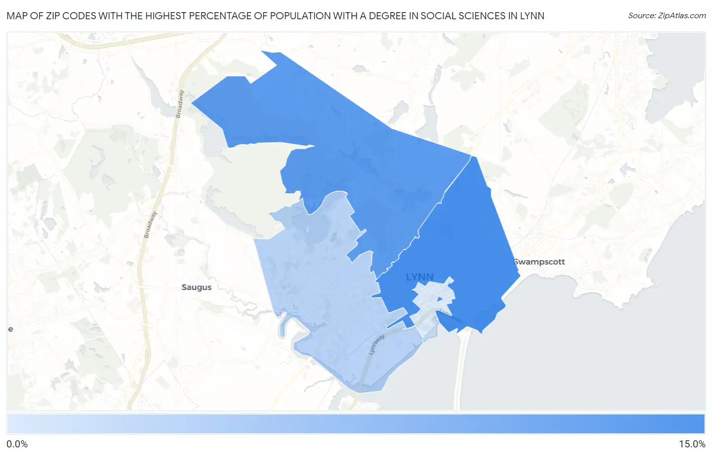 Zip Codes with the Highest Percentage of Population with a Degree in Social Sciences in Lynn Map
