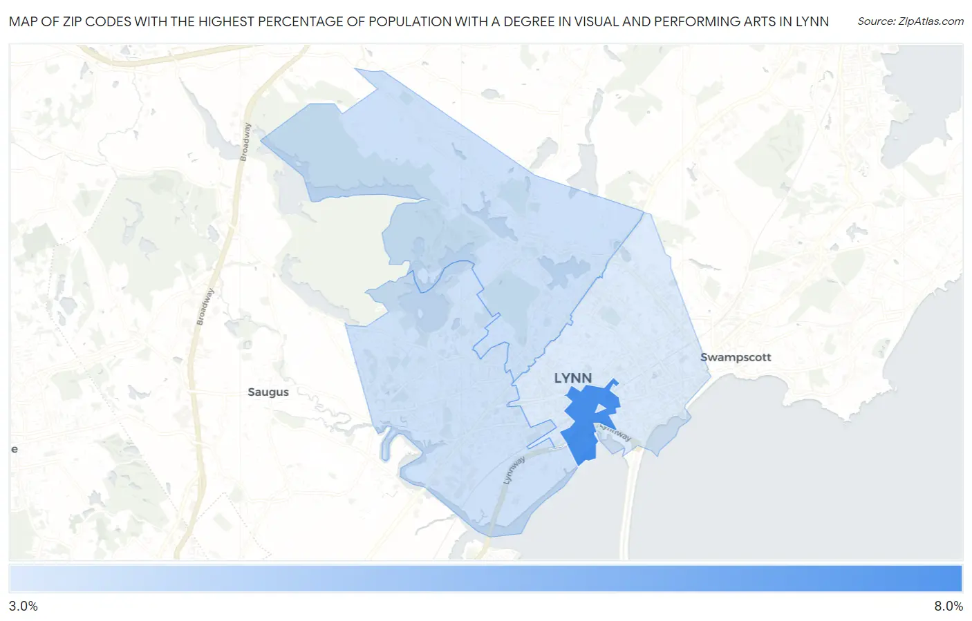 Zip Codes with the Highest Percentage of Population with a Degree in Visual and Performing Arts in Lynn Map