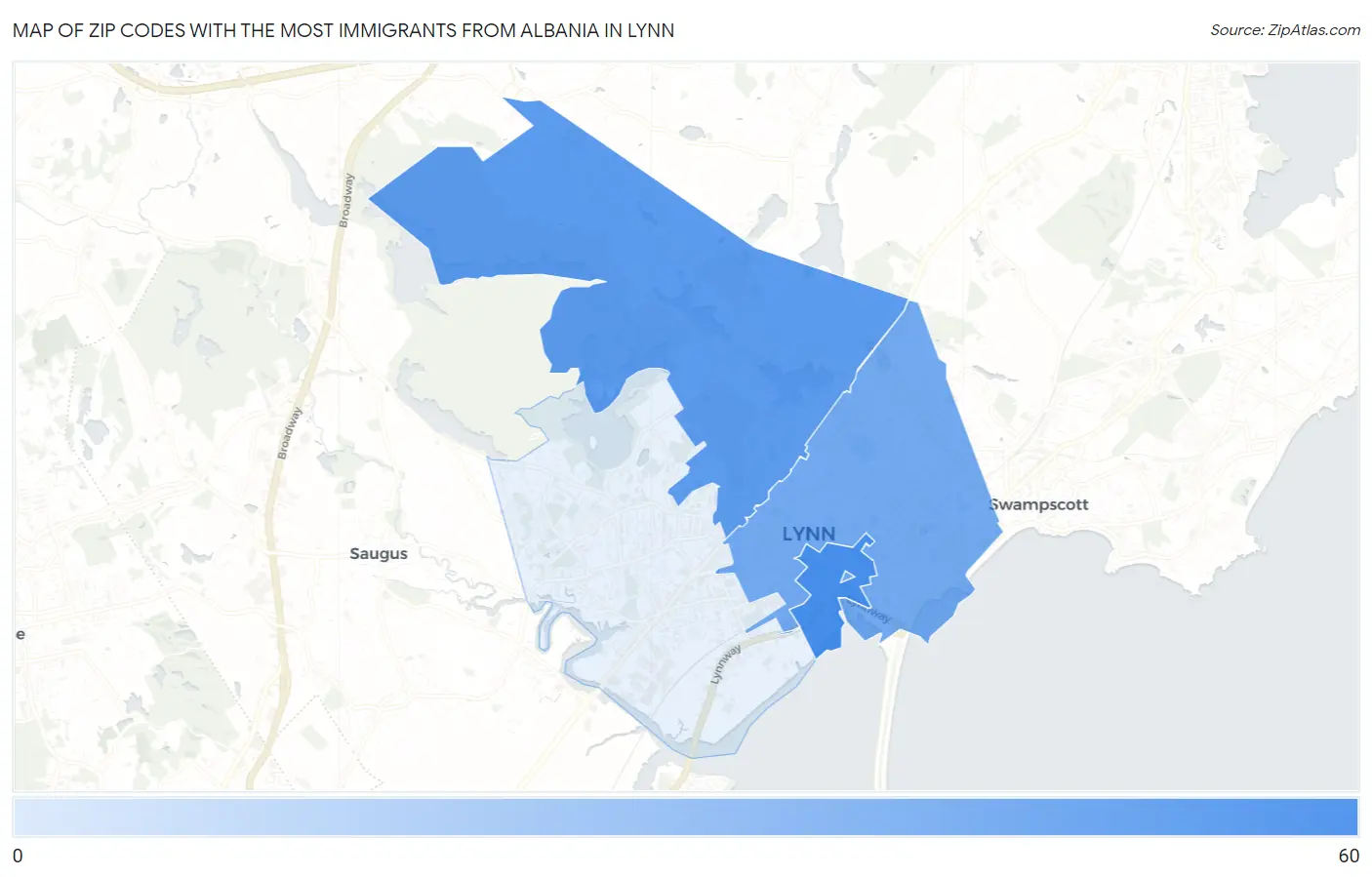 Zip Codes with the Most Immigrants from Albania in Lynn Map