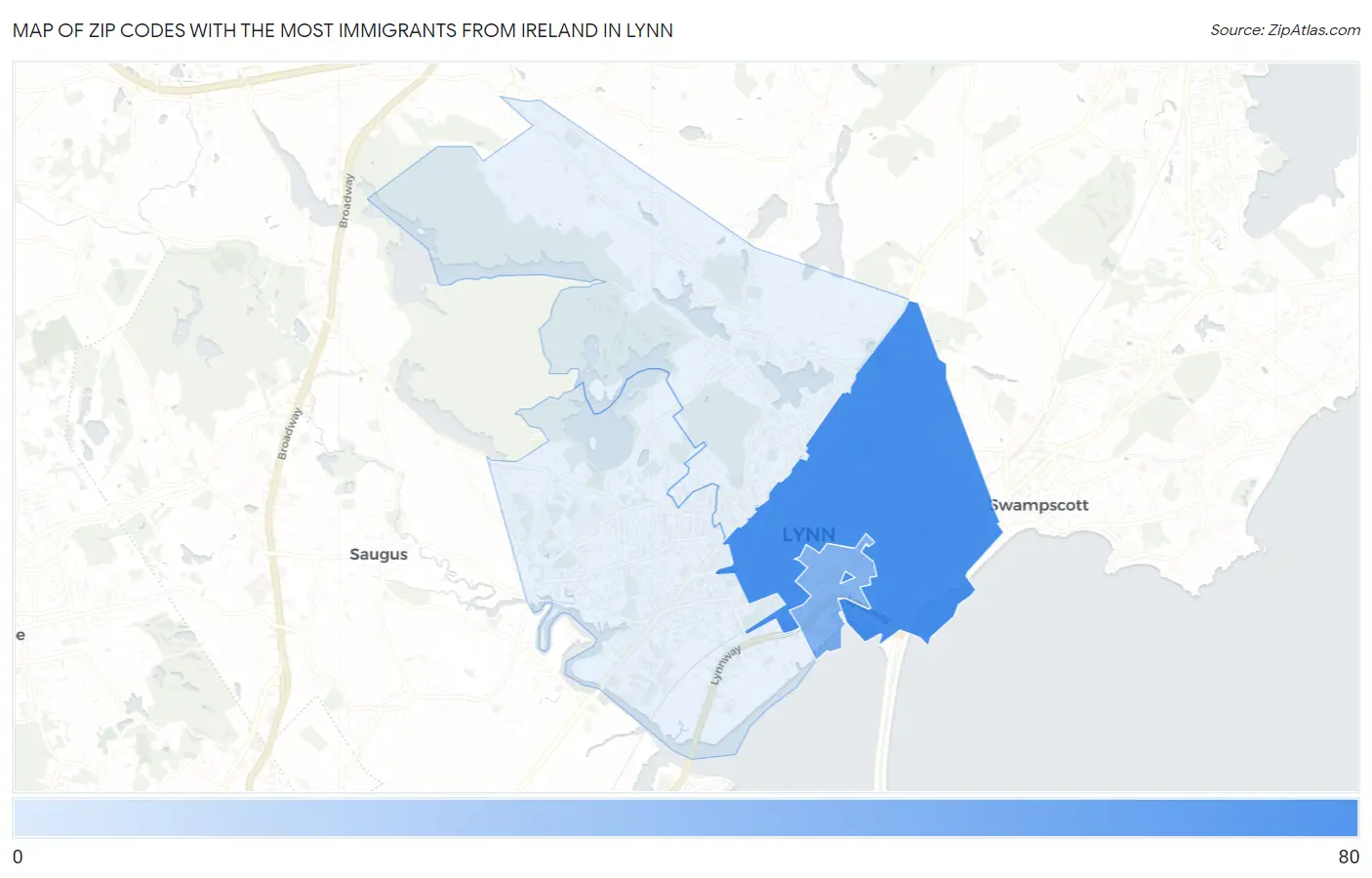 Zip Codes with the Most Immigrants from Ireland in Lynn Map