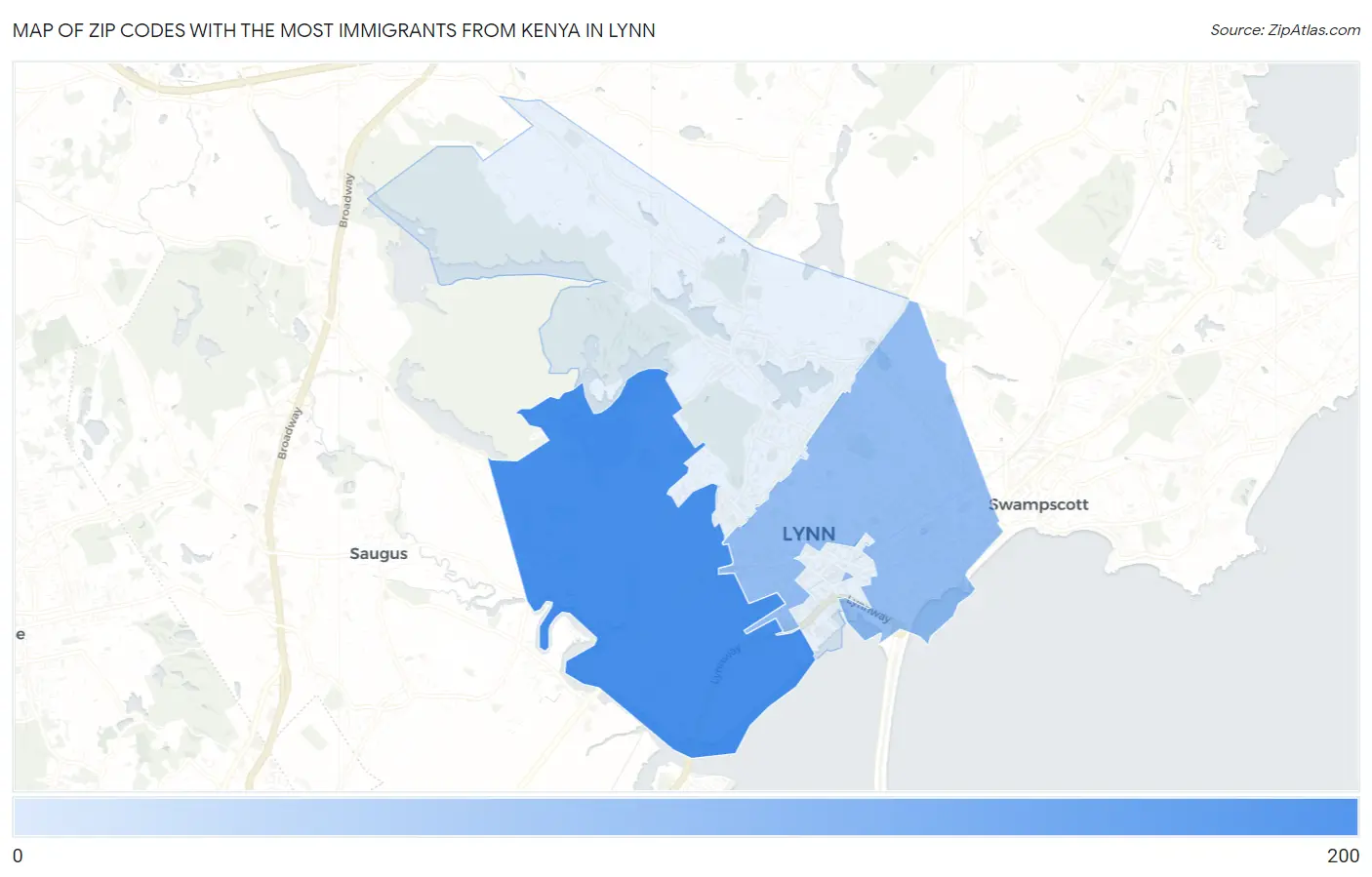 Zip Codes with the Most Immigrants from Kenya in Lynn Map