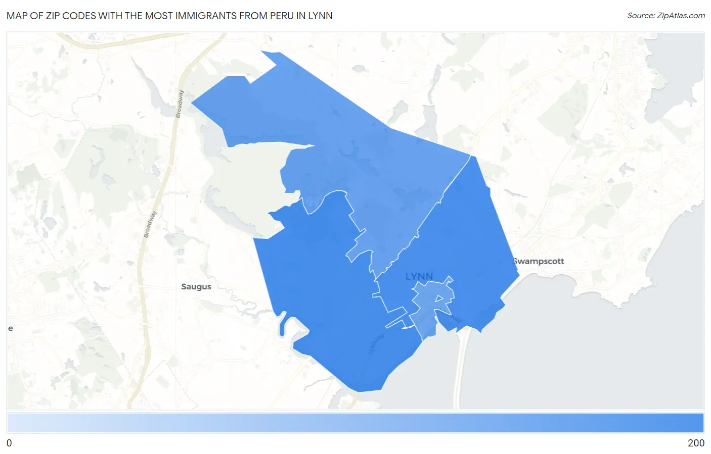 Zip Codes with the Most Immigrants from Peru in Lynn Map