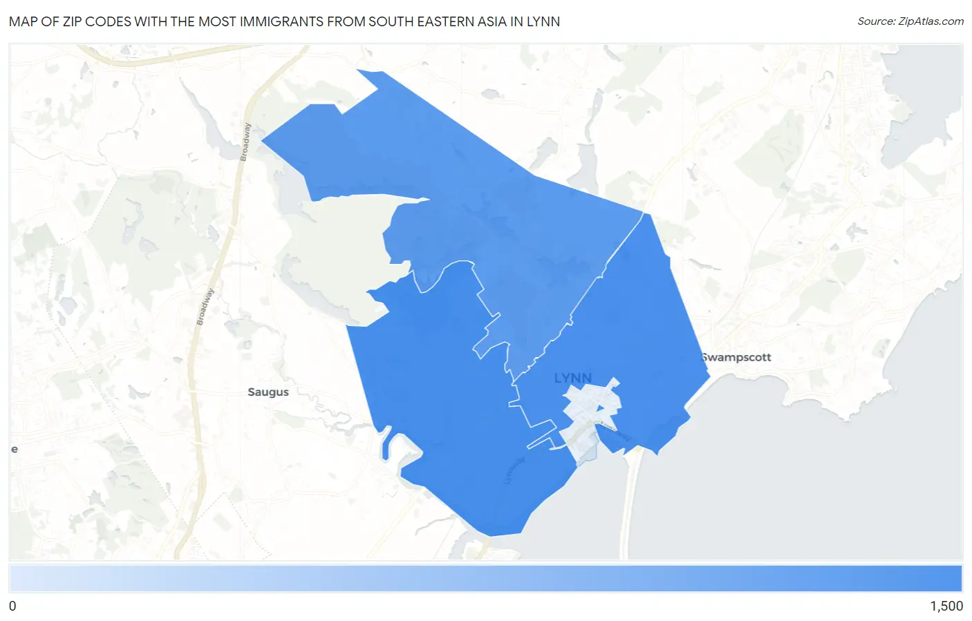Zip Codes with the Most Immigrants from South Eastern Asia in Lynn Map