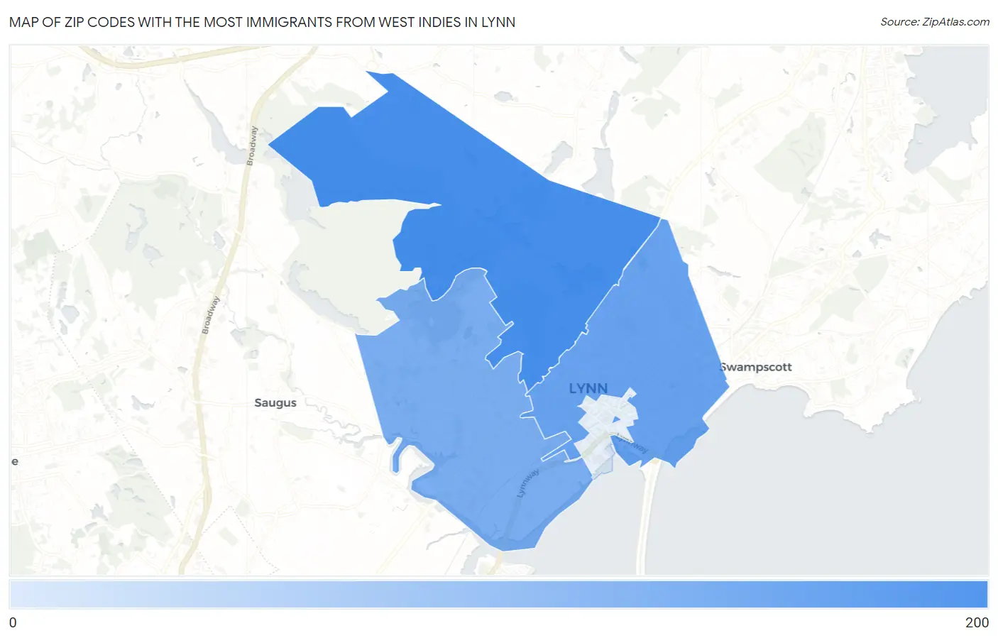 Zip Codes with the Most Immigrants from West Indies in Lynn Map