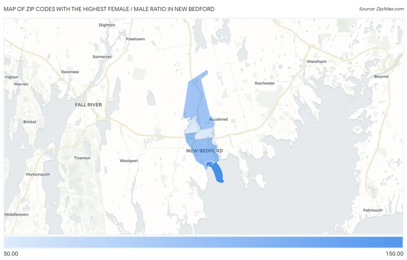 Zip Codes with the Highest Female / Male Ratio in New Bedford Map