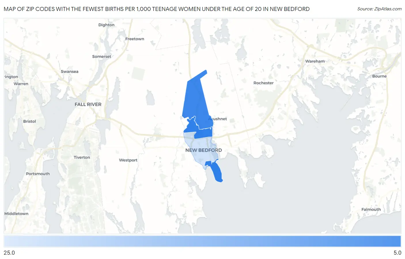 Zip Codes with the Fewest Births per 1,000 Teenage Women Under the Age of 20 in New Bedford Map