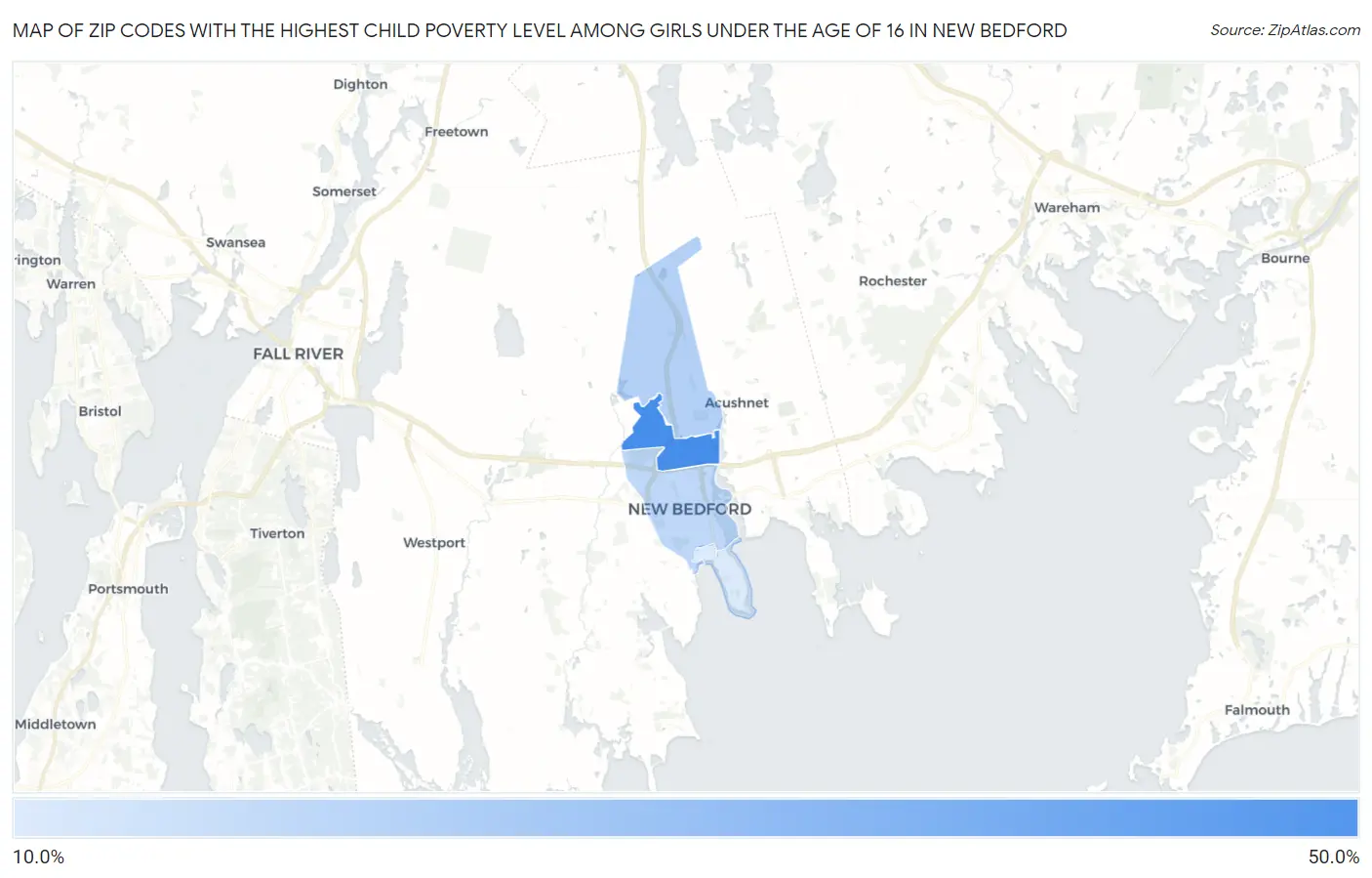 Zip Codes with the Highest Child Poverty Level Among Girls Under the Age of 16 in New Bedford Map