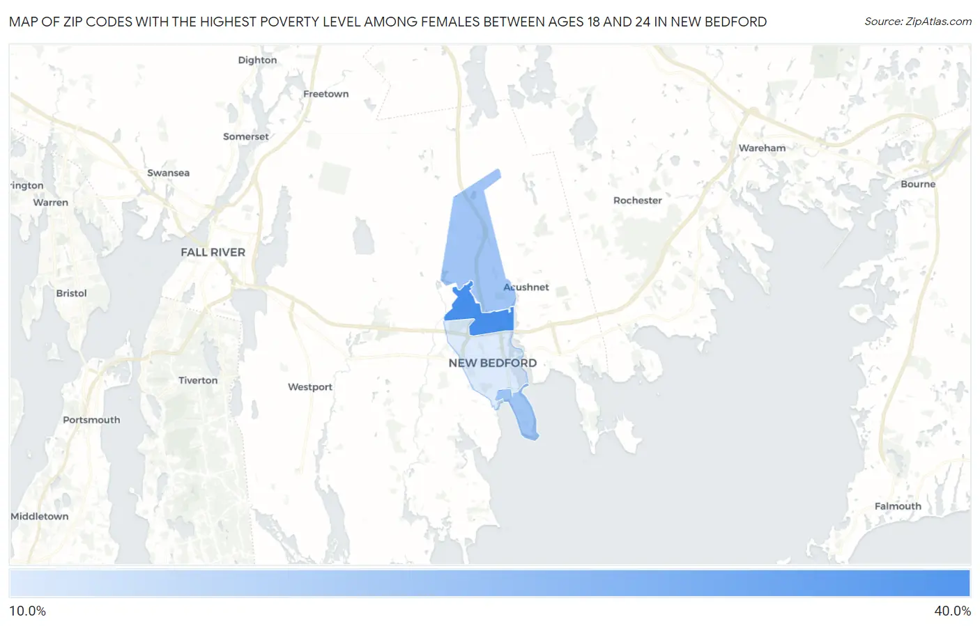 Zip Codes with the Highest Poverty Level Among Females Between Ages 18 and 24 in New Bedford Map