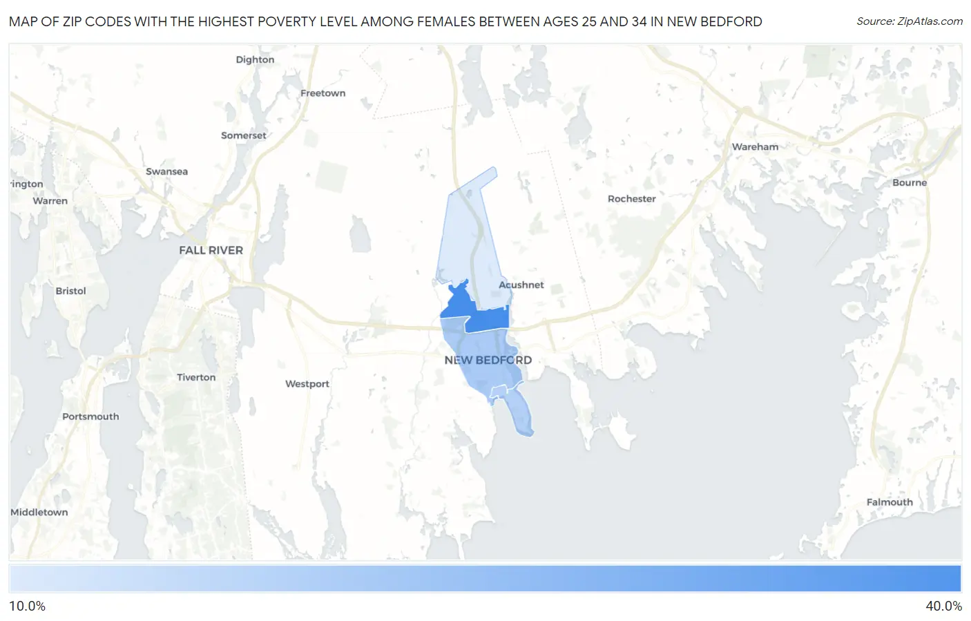 Zip Codes with the Highest Poverty Level Among Females Between Ages 25 and 34 in New Bedford Map