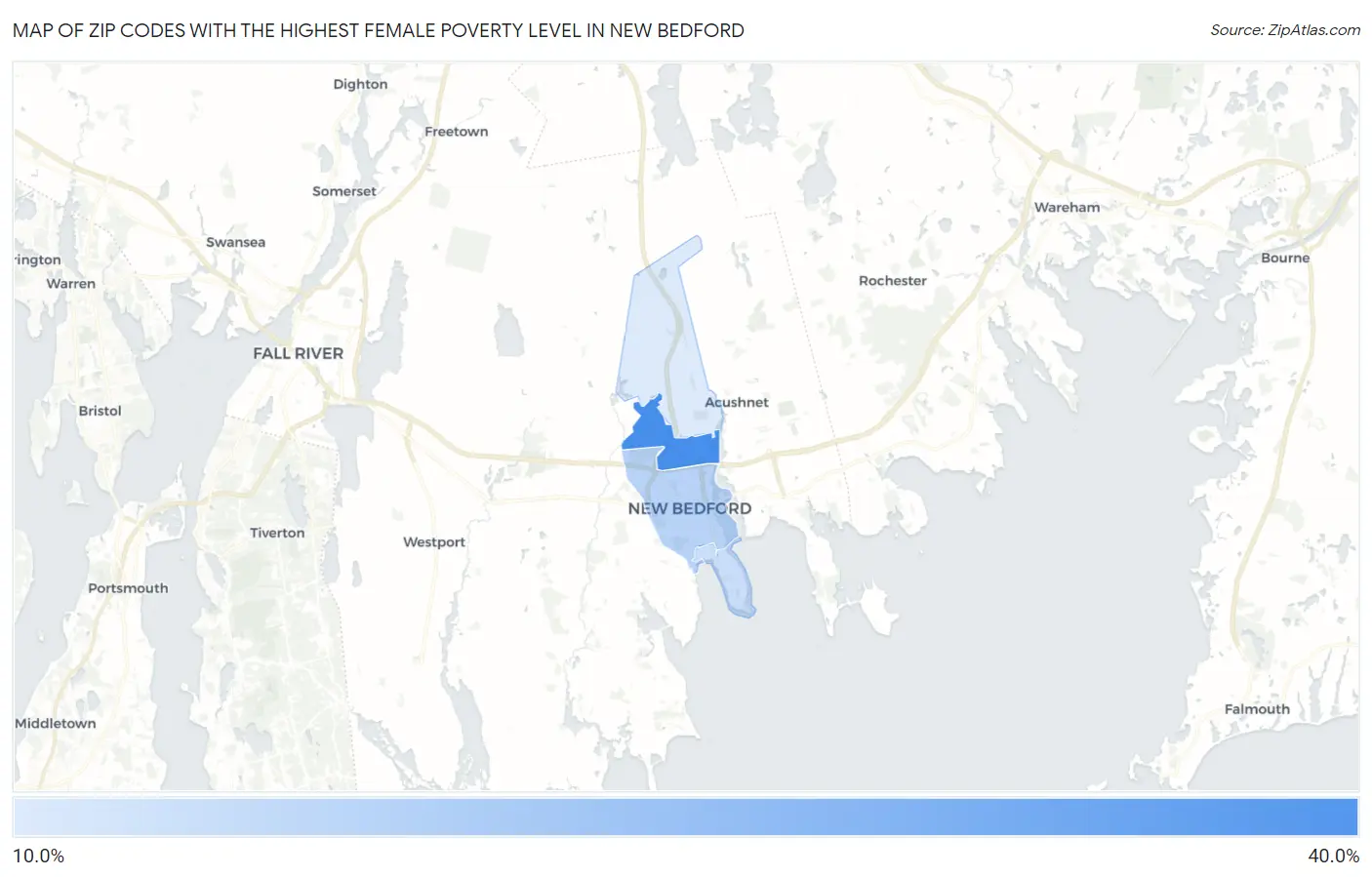 Zip Codes with the Highest Female Poverty Level in New Bedford Map