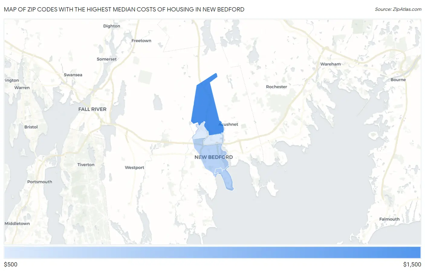 Zip Codes with the Highest Median Costs of Housing in New Bedford Map