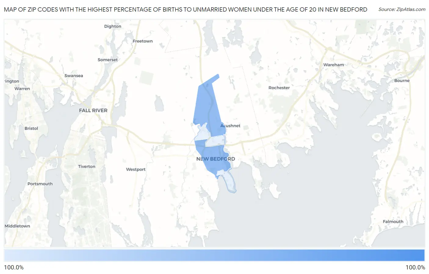Zip Codes with the Highest Percentage of Births to Unmarried Women under the Age of 20 in New Bedford Map