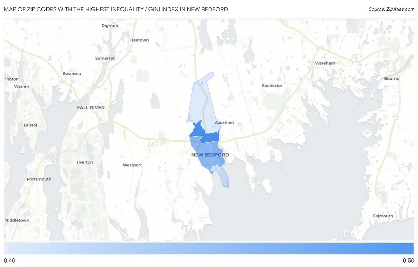 Zip Codes with the Highest Inequality / Gini Index in New Bedford Map