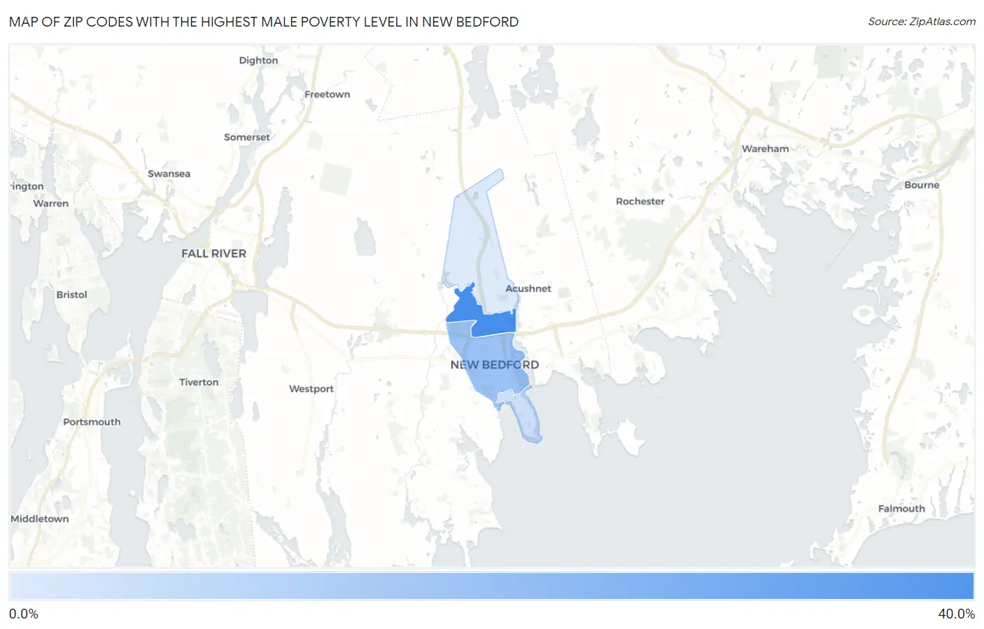 Zip Codes with the Highest Male Poverty Level in New Bedford Map