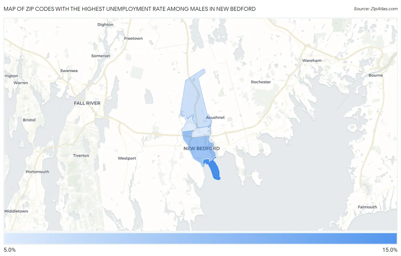 Zip Codes with the Highest Unemployment Rate Among Males in New Bedford Map