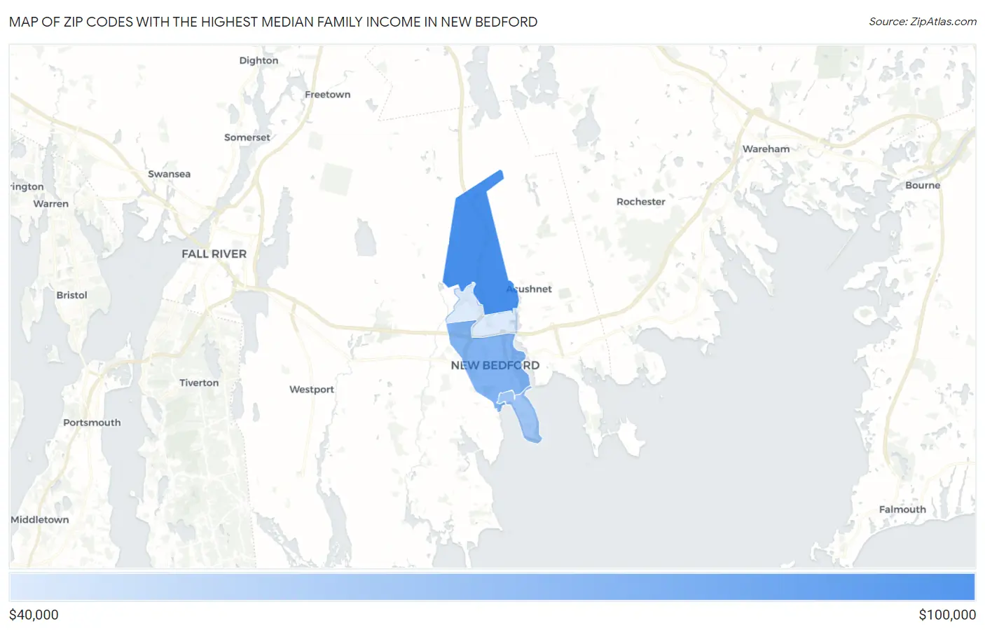 Zip Codes with the Highest Median Family Income in New Bedford Map
