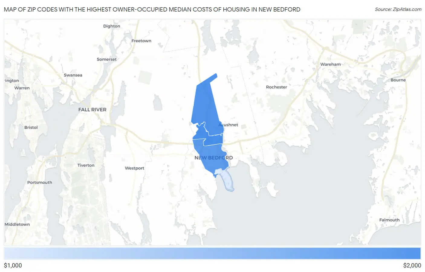 Zip Codes with the Highest Owner-Occupied Median Costs of Housing in New Bedford Map