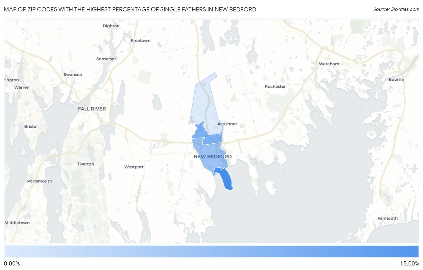 Zip Codes with the Highest Percentage of Single Fathers in New Bedford Map