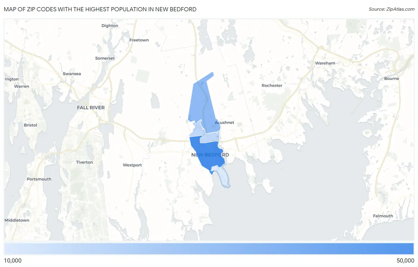 Zip Codes with the Highest Population in New Bedford Map