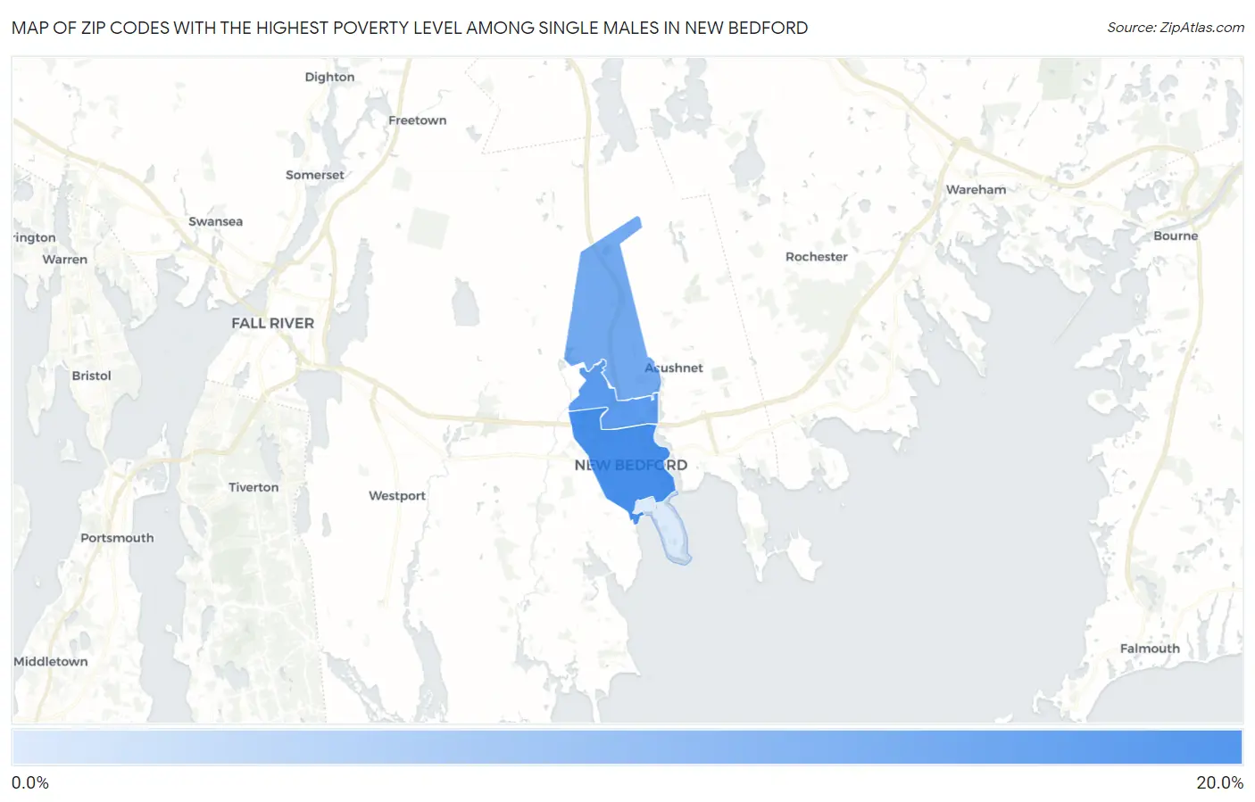Zip Codes with the Highest Poverty Level Among Single Males in New Bedford Map