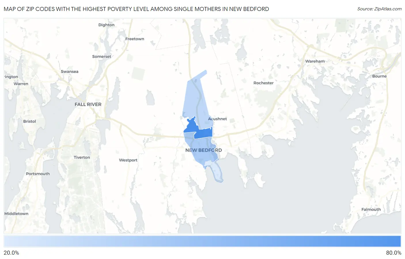 Zip Codes with the Highest Poverty Level Among Single Mothers in New Bedford Map