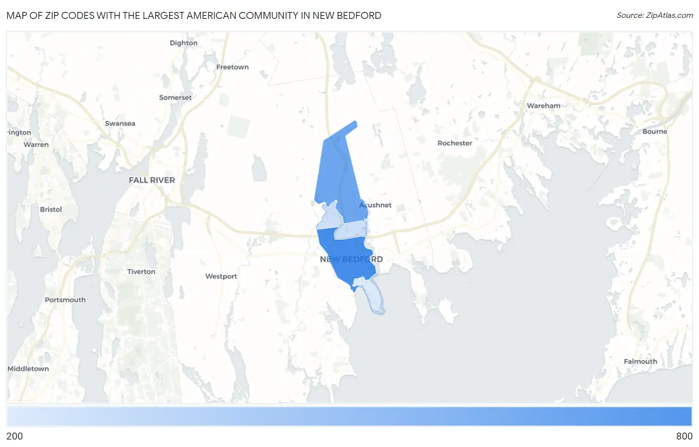 Zip Codes with the Largest American Community in New Bedford Map