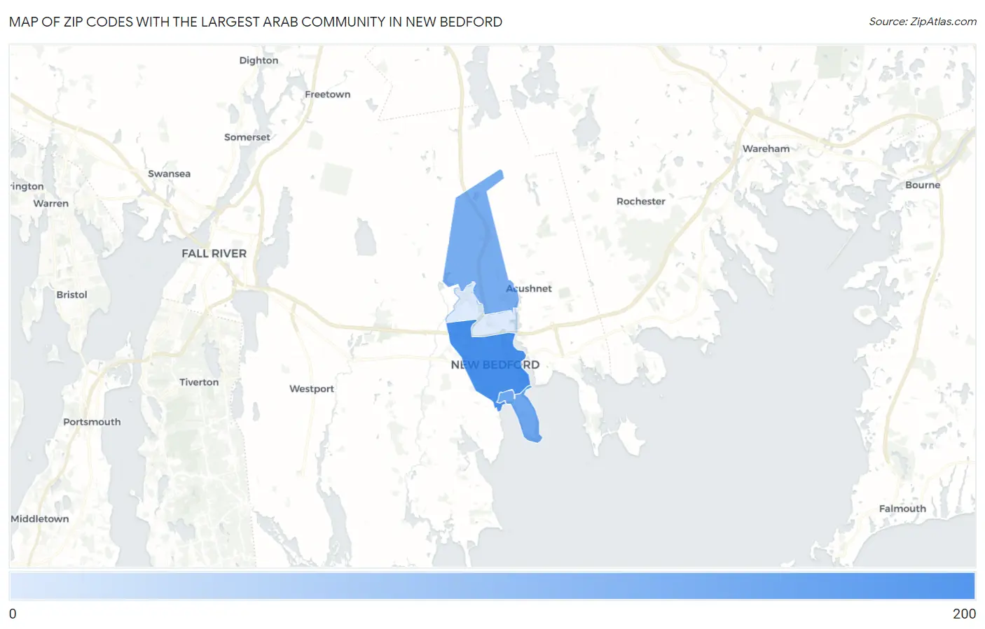 Zip Codes with the Largest Arab Community in New Bedford Map