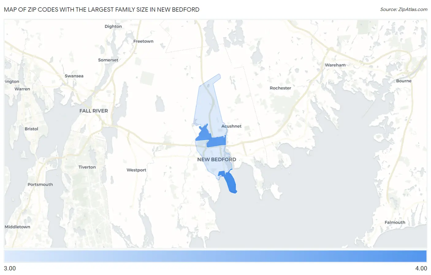 Zip Codes with the Largest Family Size in New Bedford Map
