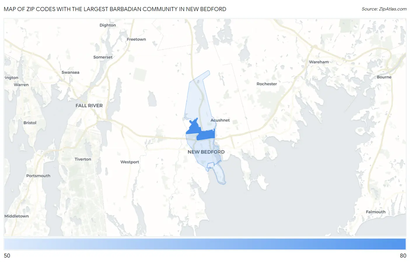 Zip Codes with the Largest Barbadian Community in New Bedford Map