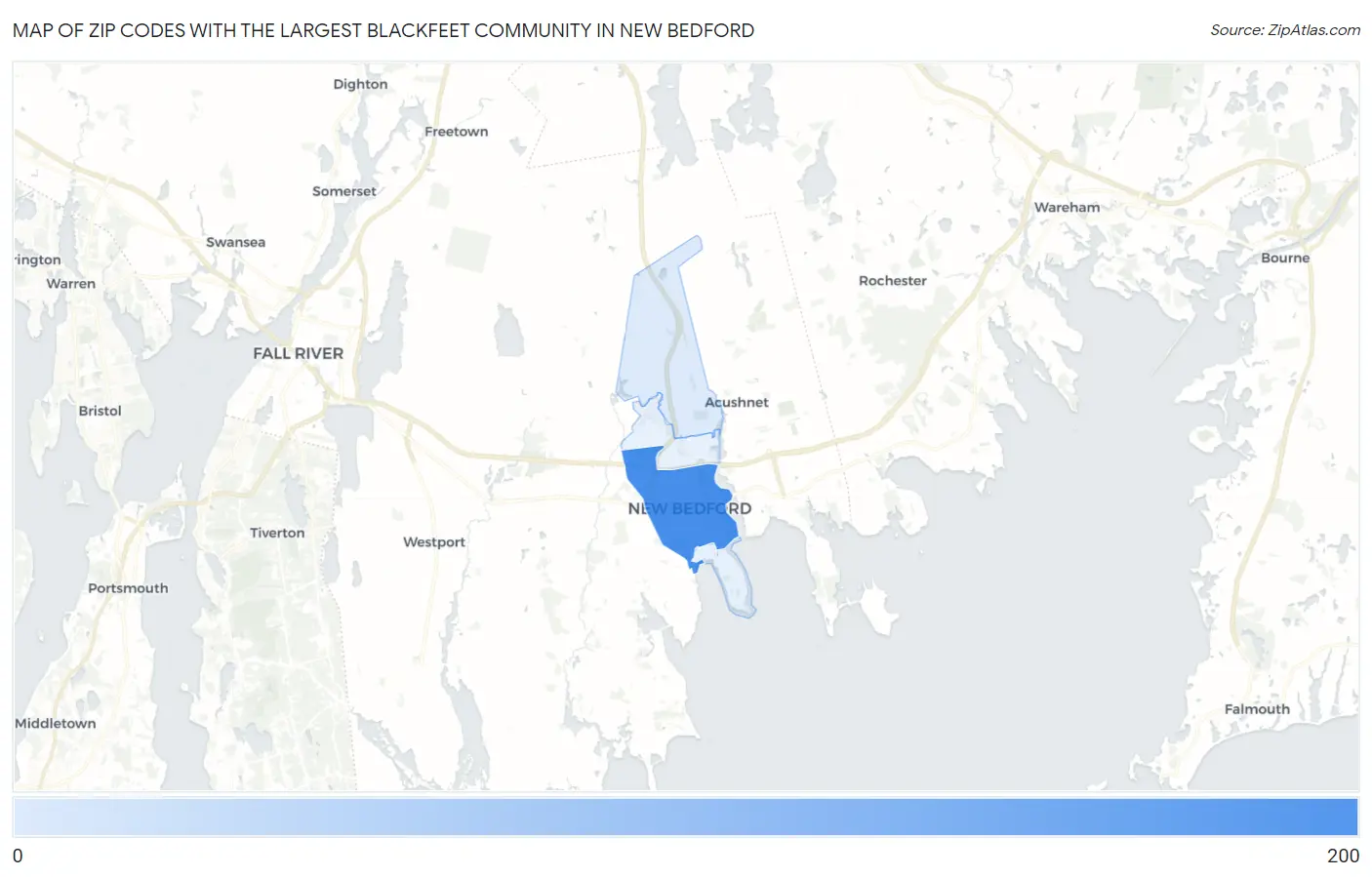 Zip Codes with the Largest Blackfeet Community in New Bedford Map