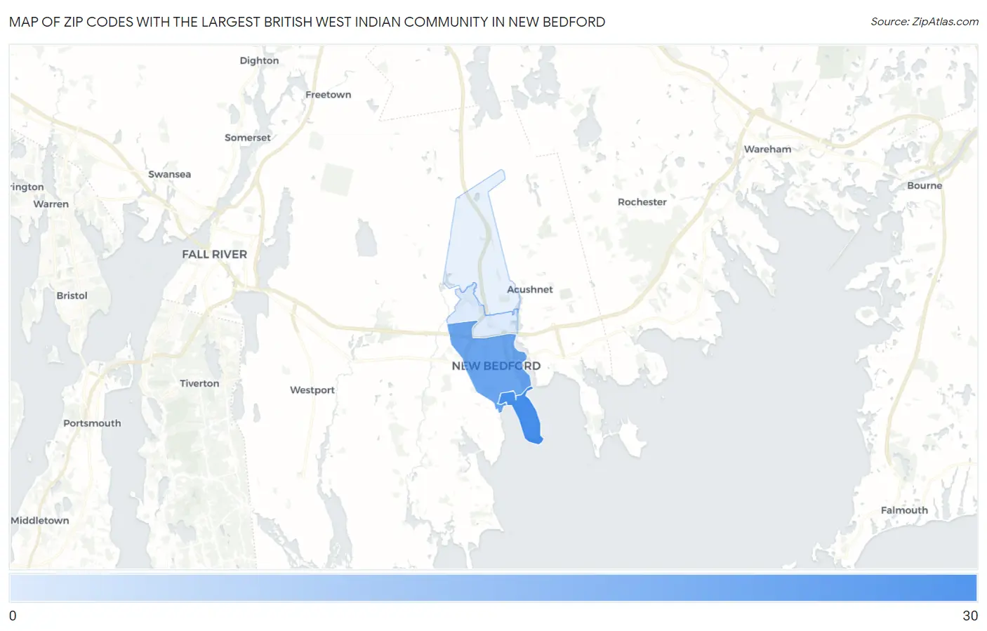 Zip Codes with the Largest British West Indian Community in New Bedford Map