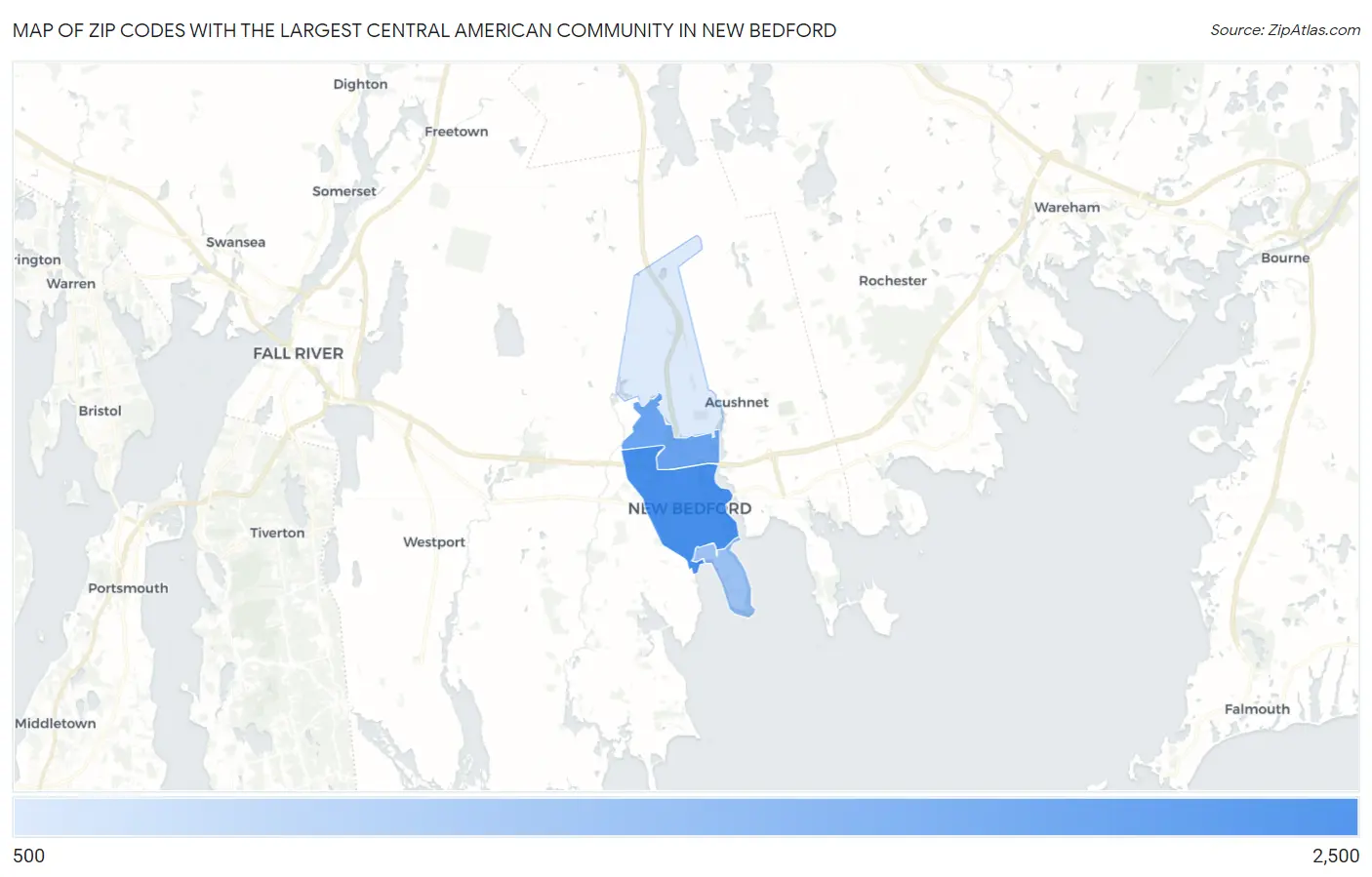 Zip Codes with the Largest Central American Community in New Bedford Map