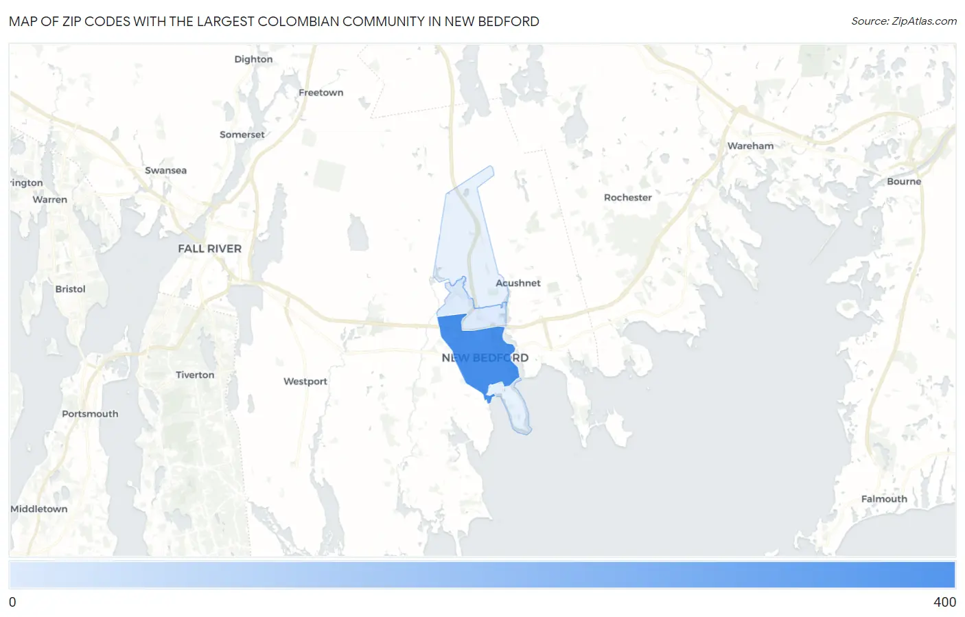Zip Codes with the Largest Colombian Community in New Bedford Map