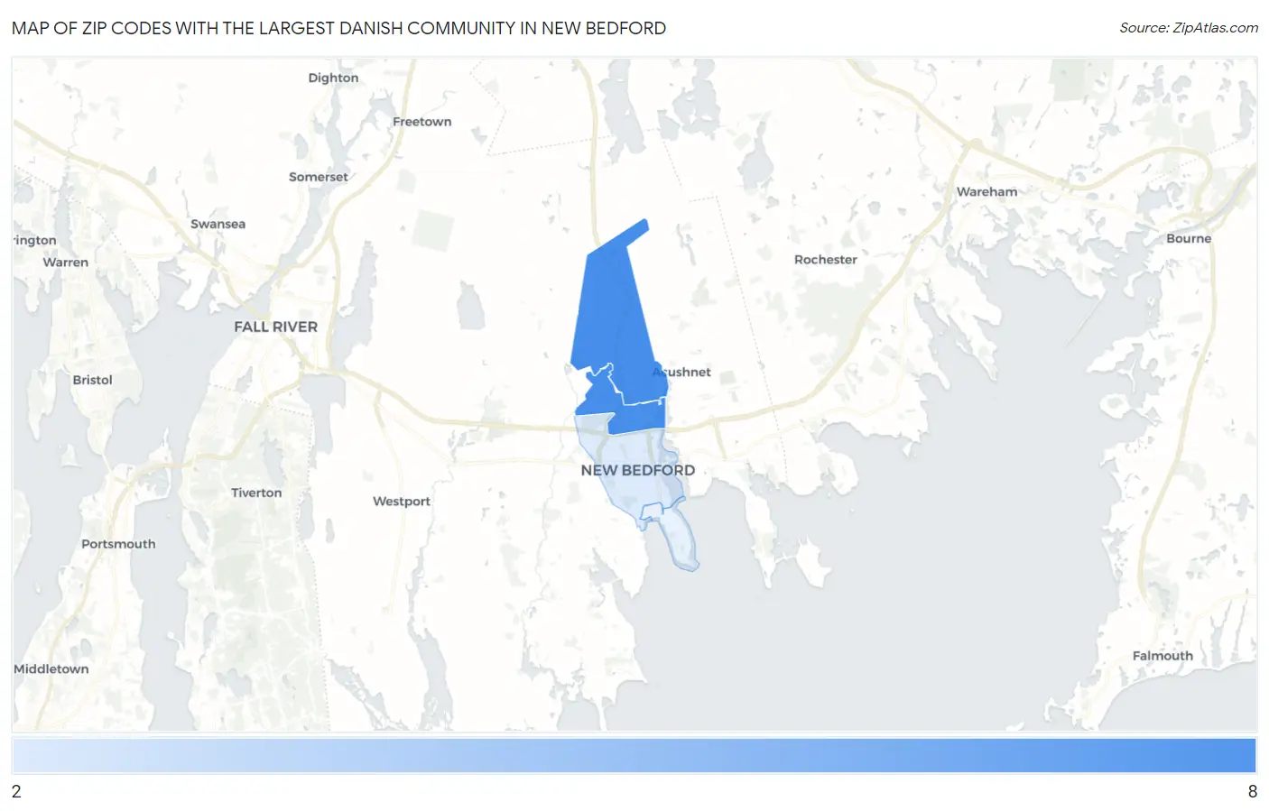 Zip Codes with the Largest Danish Community in New Bedford Map