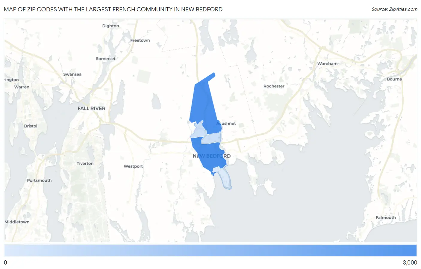 Zip Codes with the Largest French Community in New Bedford Map