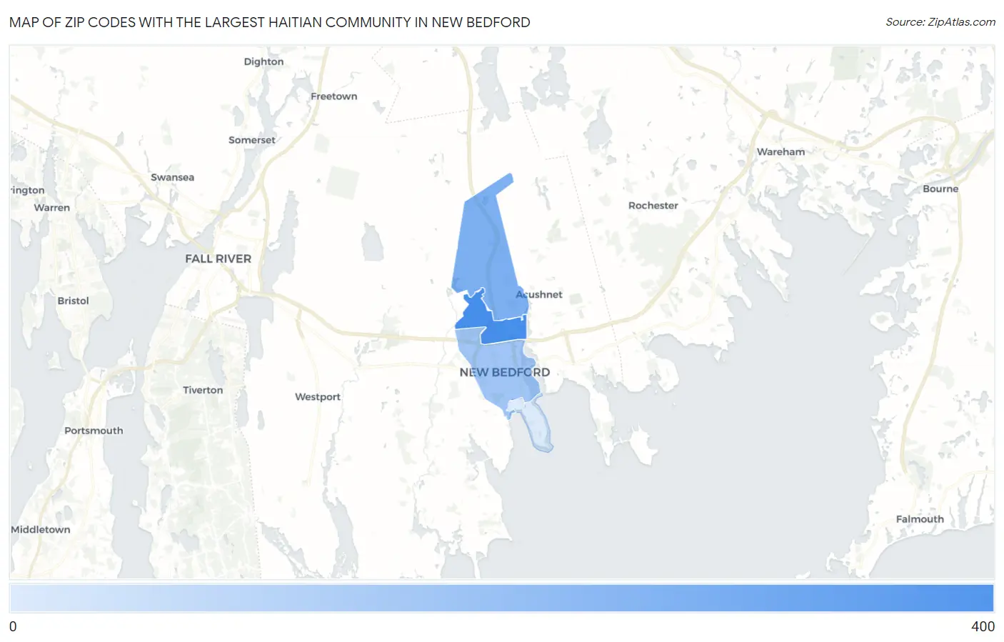Zip Codes with the Largest Haitian Community in New Bedford Map