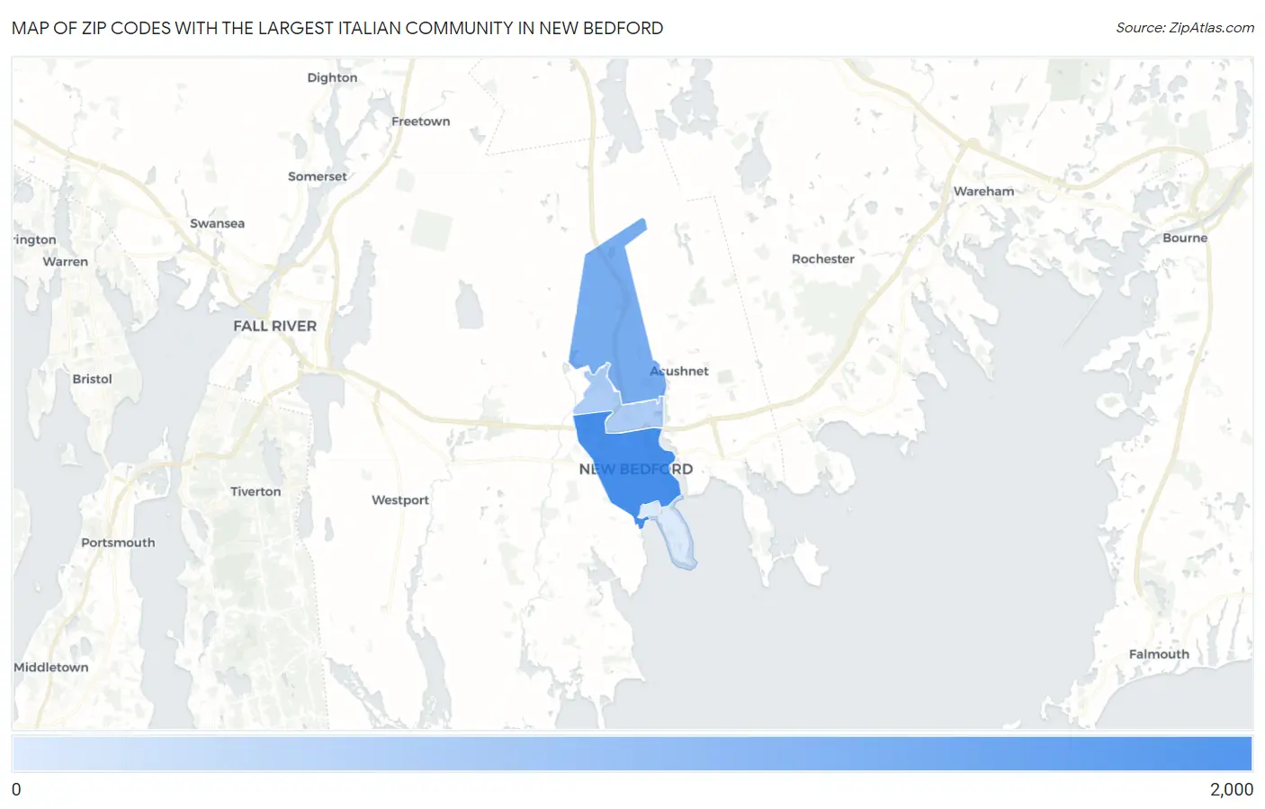 Zip Codes with the Largest Italian Community in New Bedford Map