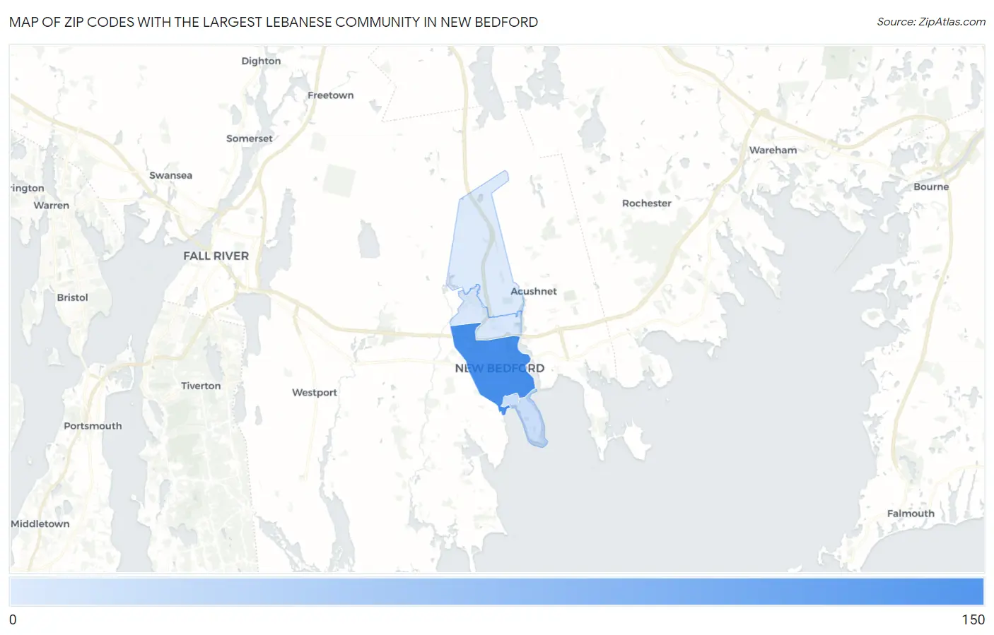 Zip Codes with the Largest Lebanese Community in New Bedford Map