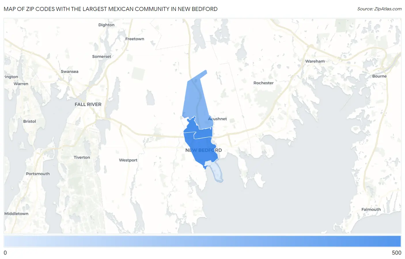Zip Codes with the Largest Mexican Community in New Bedford Map
