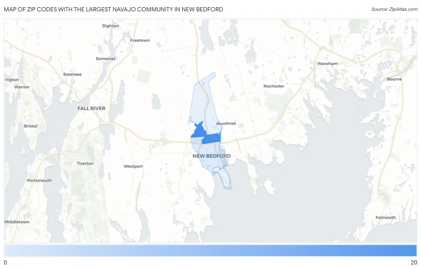 Zip Codes with the Largest Navajo Community in New Bedford Map