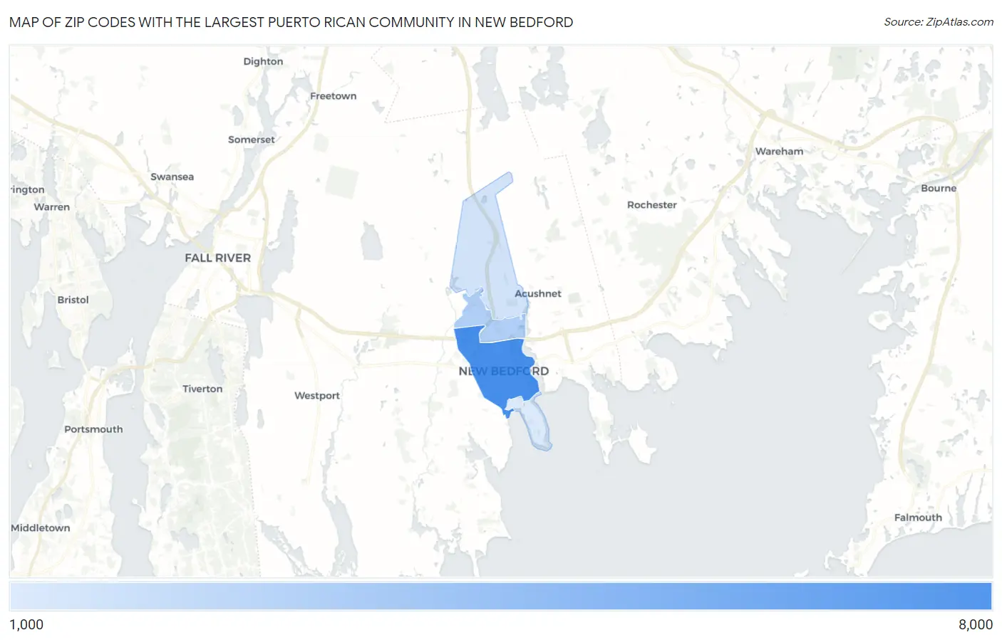 Zip Codes with the Largest Puerto Rican Community in New Bedford Map