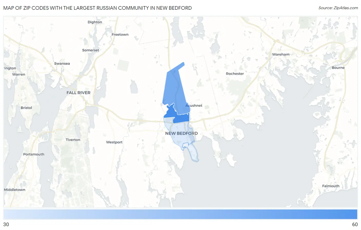 Zip Codes with the Largest Russian Community in New Bedford Map