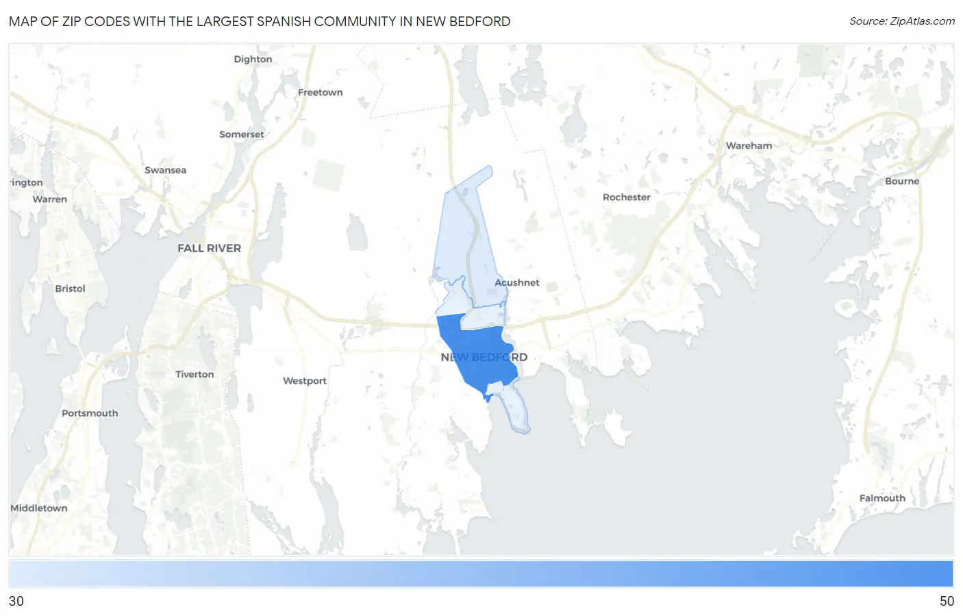 Zip Codes with the Largest Spanish Community in New Bedford Map