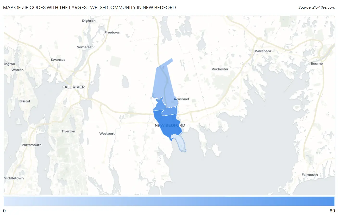 Zip Codes with the Largest Welsh Community in New Bedford Map