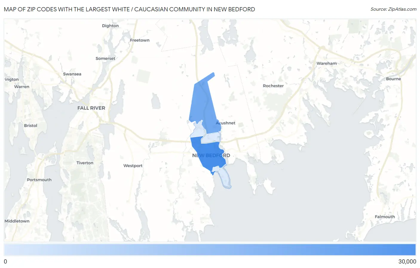 Zip Codes with the Largest White / Caucasian Community in New Bedford Map