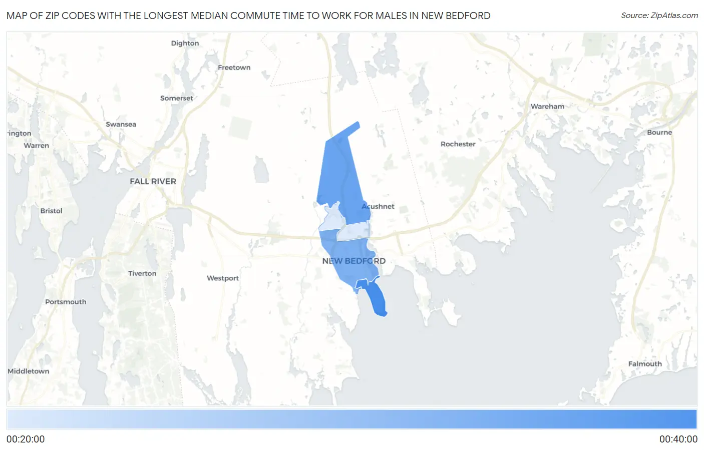 Zip Codes with the Longest Median Commute Time to Work for Males in New Bedford Map