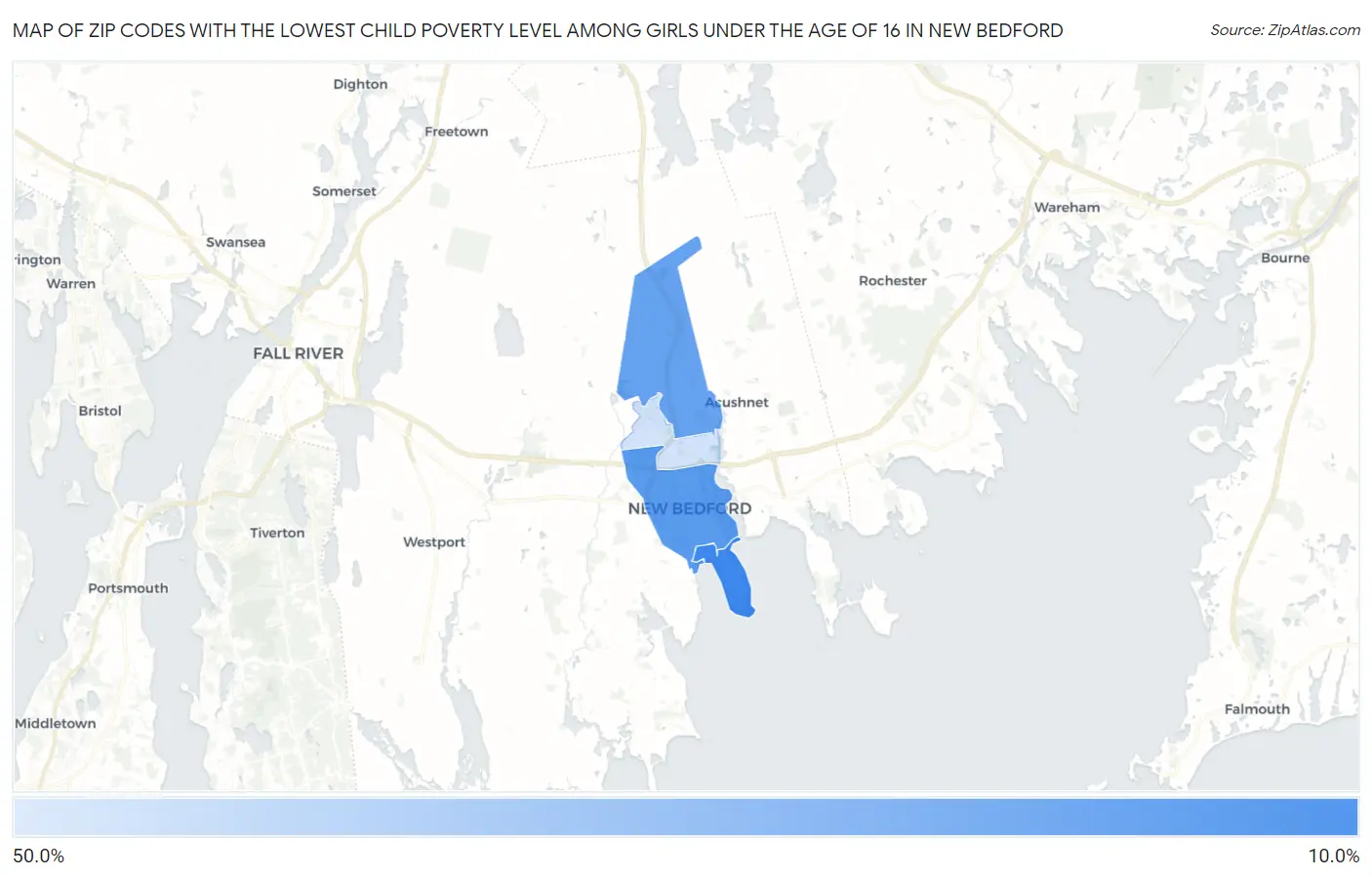 Zip Codes with the Lowest Child Poverty Level Among Girls Under the Age of 16 in New Bedford Map